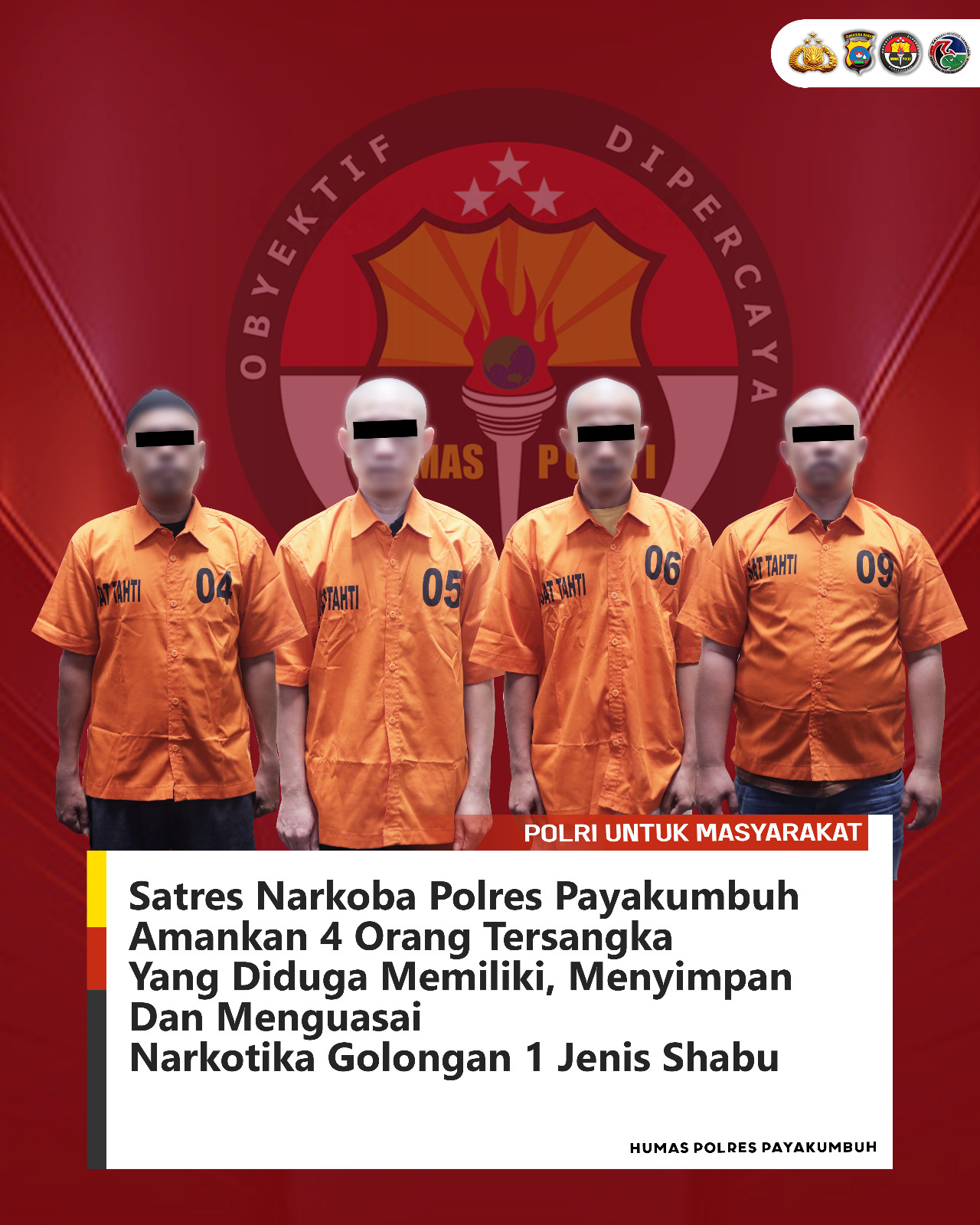 Polres Payakumbuh Amankan Puluham Gram Sabu dan Empat Pelaku Penyalah Gunaan Narkotika Secara Gelap Dalam Satu Operasi